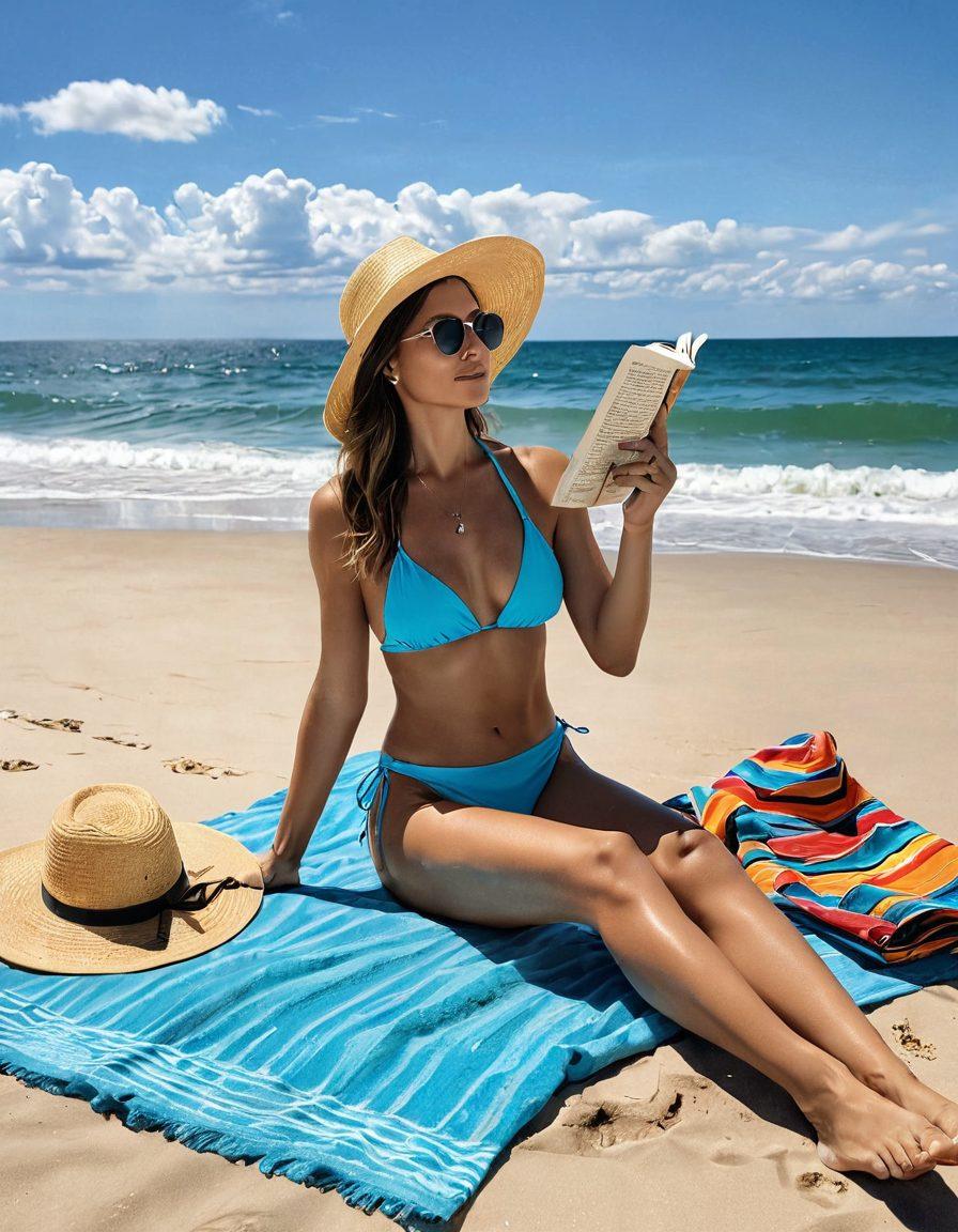 A serene beach scene featuring a woman in a stylish bikini, basking in the golden sunshine while reading a book. Surrounding her are colorful beach accessories like a beach towel, a hat, and sunglasses, symbolizing self-reflection and relaxation. Gentle waves lap at the shore, creating a tranquil atmosphere. The sky is bright blue with fluffy clouds, enhancing the feeling of warmth and solitude. vibrant colors. super-realistic.