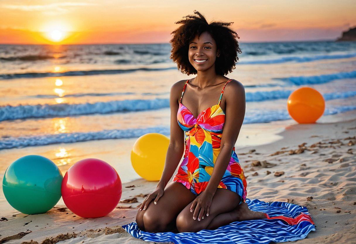 A serene beach scene with a person transitioning from a sad expression to a joyful one, surrounded by vibrant summer beachwear. Include whimsical elements like a heart-shaped beach ball and a sunset in the background representing hope. The person should be playfully interacting with the beachwear like a flowy sundress and colorful swim trunks. Capture the essence of summer styles overcoming sadness. vibrant colors. surrealism.